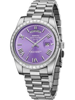Nibosi Mens Silver Purple Analog Quartz Diamond Bezel Stainless Waterproof Watch